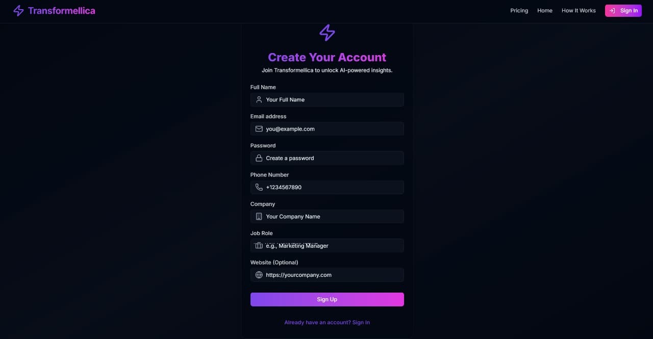 Account creation page